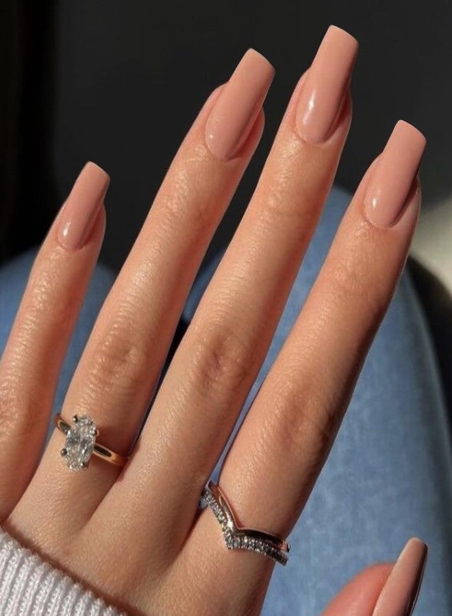 KXAMELIE Coral Pink Press on Nails Long Square, KXAMELIE Medium Coffin Nails Press ons Long Glue on Nails Natural Thick Fake Nails Acrylic Reusable 24 Solid Color for Women - Image 4